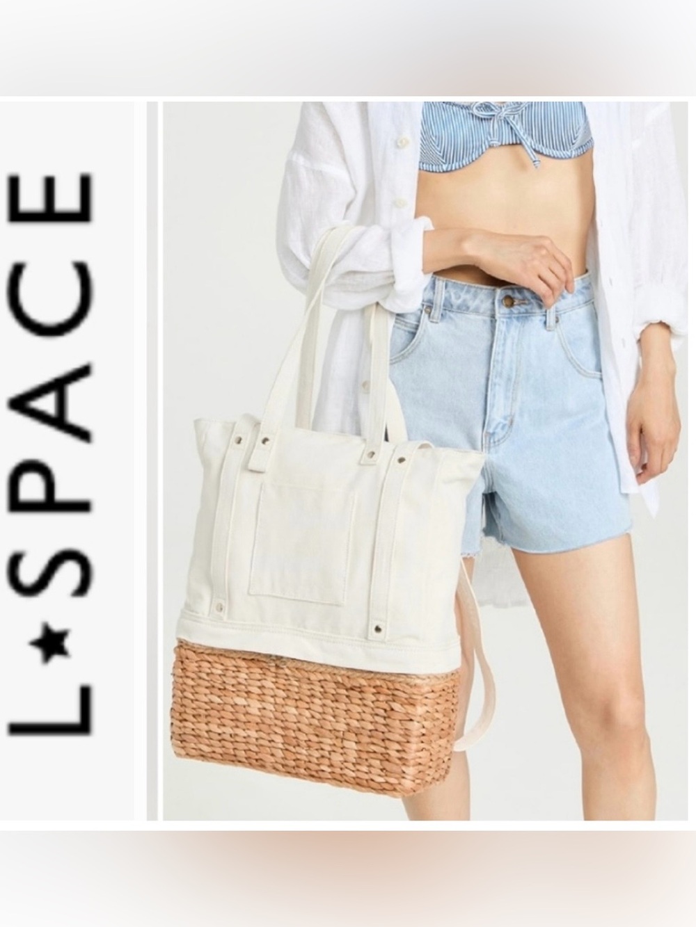 l*space White Road Trippin Backpack Tote with Woven Straw Base Cooler NWOT - Picture 1 of 16